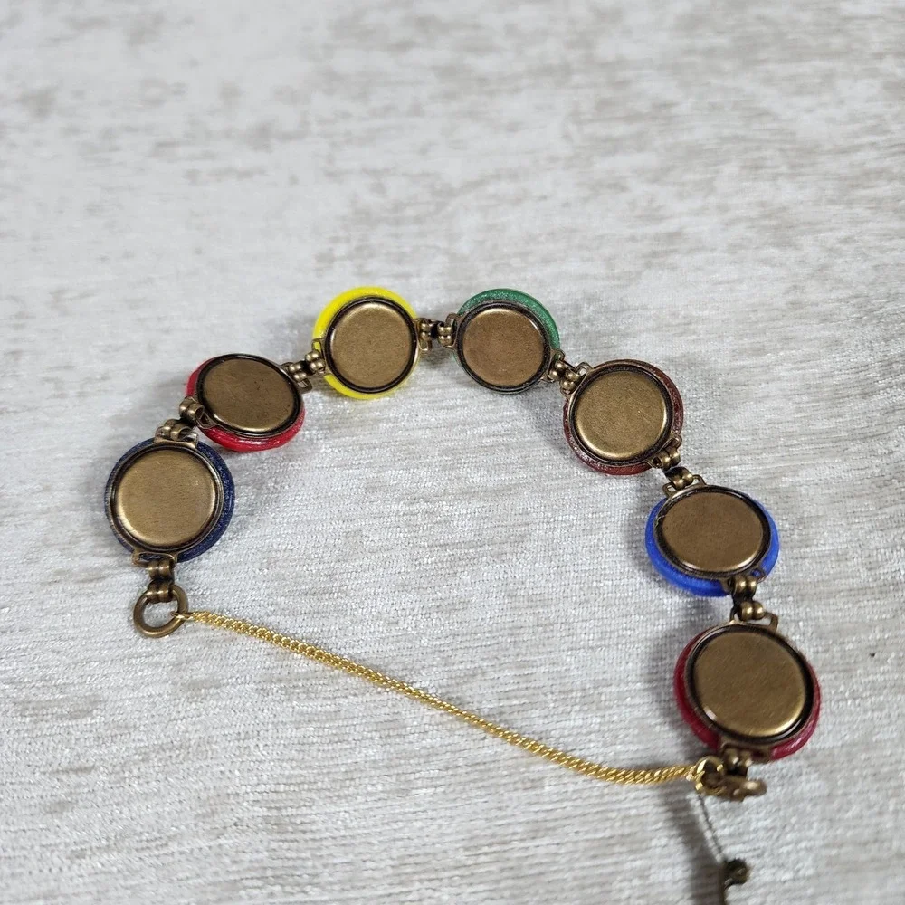 Vintage Colorful Glass Engraved Painted Gold Circle Bracelet 7.5